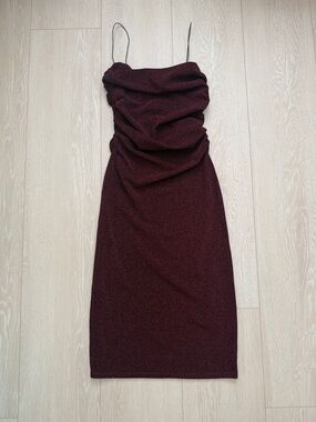 H&M Burgundy Midi Dress with Ruched Sparkle Design